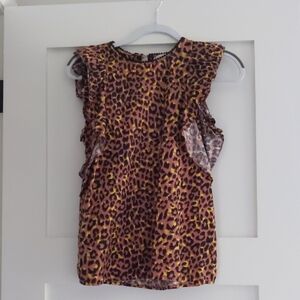 LOFT Ruffle Sleeve Animal Print Top with Black Trim